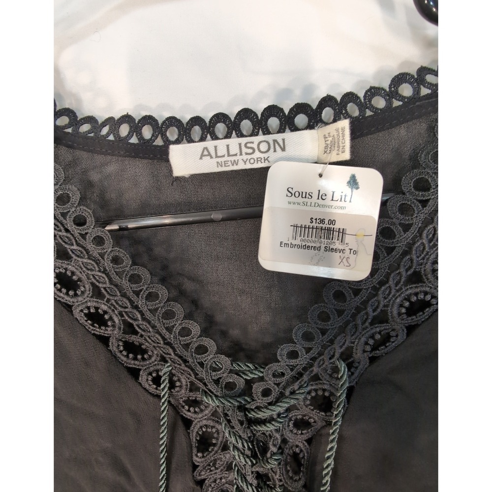Allison New York Black Embroidered Sleeve Lace Up Tassel Top XS NWT
